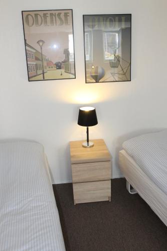 a bedroom with two beds and a nightstand with a lamp at Amalie Bed and Breakfast & Apartments in Odense