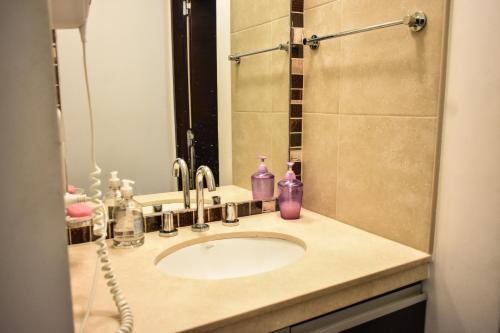Łazienka wyposażona jest w umywalkę z lustrem i fioletowe butelki. w obiekcie Carol 6 w mieście Salta