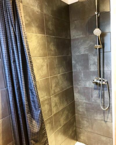 une salle de bain avec une douche avec un rideau de douche dans l'établissement Chez Léa et Lolo - Le Nordique, à Gérardmer