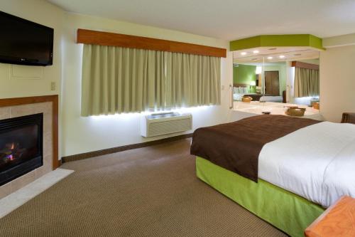 um quarto de hotel com uma cama e uma lareira em AmericInn by Wyndham Thief River Falls em Thief River Falls