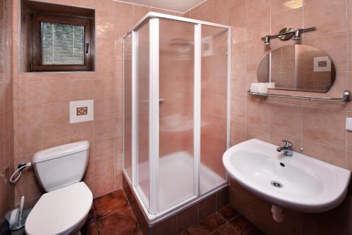a bathroom with a shower and a toilet and a sink at Vila Martina in Poprad