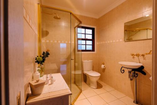 a bathroom with a toilet and a shower and a sink at Barrington Hideaway- River Cottages in Gloucester