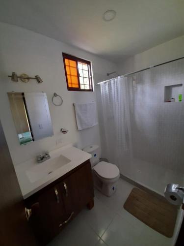 a bathroom with a toilet and a sink and a shower at Finca Villa Elenita in Sasaima
