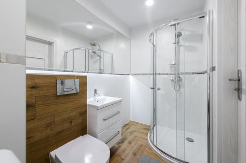 uma casa de banho com um chuveiro, um WC e um lavatório. em Silver-White Apartment em Giżycko