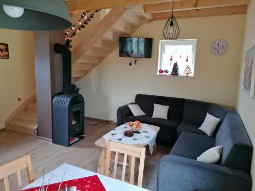 a living room with a couch and a stove at Domki pod Derkaczem in Wünschelburg