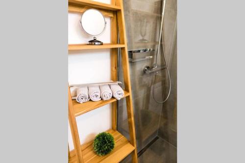 a bathroom with a shower and towels and a mirror at The Cozy Studio Apartment Lauf in Lauf an der Pegnitz