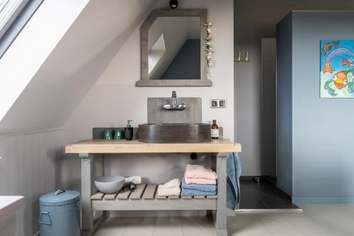 a bathroom with a sink and a counter with a mirror at B&B Stil de Tijd in Buren