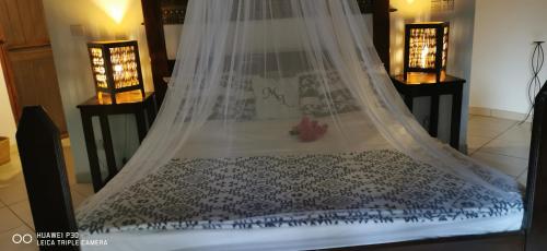 uma cama com uma rede mosquiteira em cima em Mandinka Lodge em Kololi