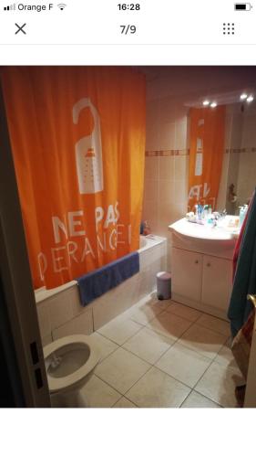 La salle de bains est pourvue d'un rideau de douche orange et d'un lavabo. dans l'établissement Studio 102 Les Sandia, à Valberg