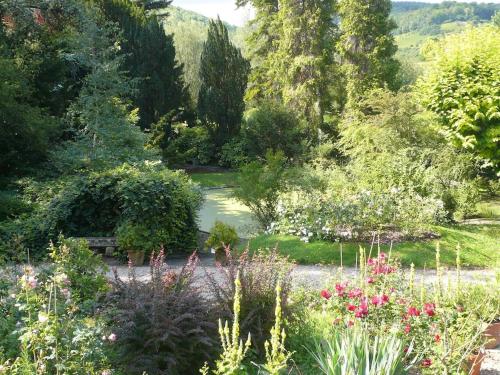 a garden with lots of flowers and a pond at La Pluie de Roses in Giverny