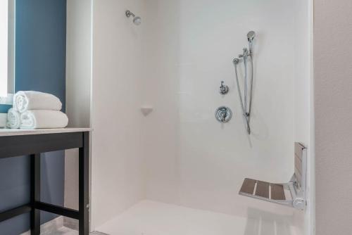 a bathroom with a shower and a sink at La Quinta Inn and Suites by Wyndham Houston Spring South in Spring