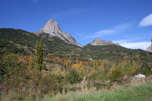 a mountain range with trees and mountains in the background at Casa con jardín Sallent in Sallent de Gállego