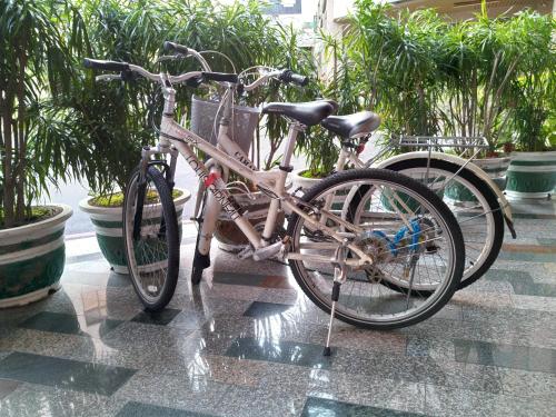 台南的住宿－The LEY HOTEL 寶麗頌旅館，两辆自行车停在彼此旁边,旁边是植物