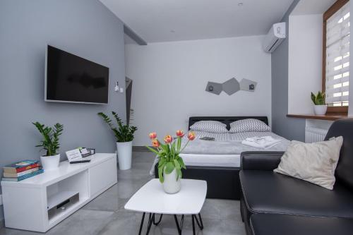 salon z łóżkiem i kanapą w obiekcie Apartamenty AP 12 w mieście Częstochowa