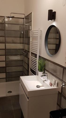 a bathroom with a sink and a shower with a mirror at Boutique apartman I in Eger