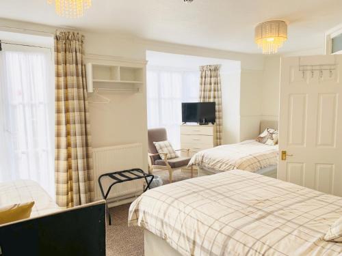 a bedroom with two beds and a chair and a tv at Cambrian House in Llangollen