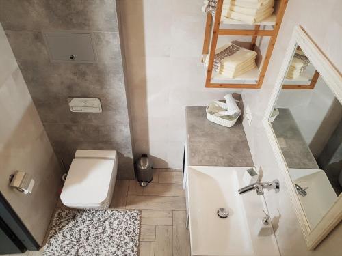 a small bathroom with a sink and a toilet at Apartment For You in Šiauliai