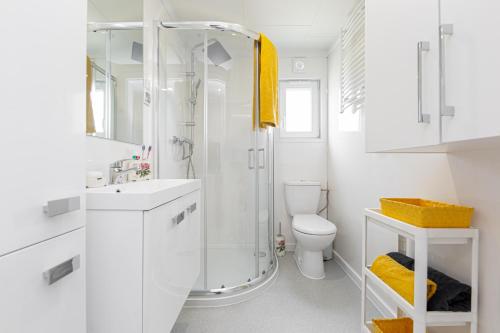 a white bathroom with a shower and a toilet at Holiday-Camp in Rusinowo