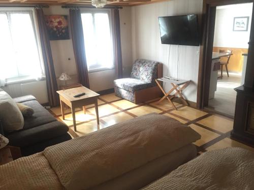 uma sala de estar com um sofá e uma cadeira e uma televisão em Rössli Apartment em Alpnachstad