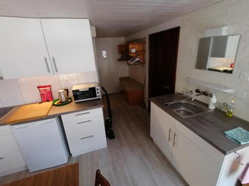 eine kleine Küche mit weißen Schränken und einem Waschbecken in der Unterkunft Rössli Apartment in Alpnachstad