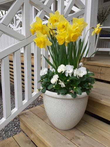 a vase filled with yellow and white flowers on a porch at Villa Ekegården in Härryda