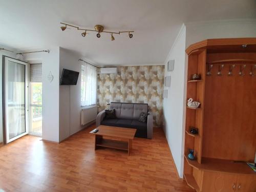 a living room with a couch and a coffee table at Fischer Apartman 3 in Hajdúszoboszló