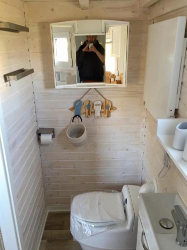 a small bathroom with a toilet and a mirror at Tinyhouse Bamberg in Pettstadt