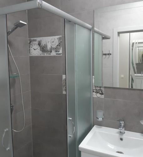y baño con ducha, lavabo y espejo. en Parus Smart, en Leópolis
