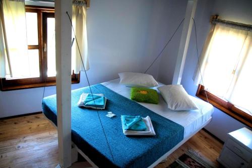 een bed in een kamer met twee borden erop bij Old Fane's Lodge in Măraşu
