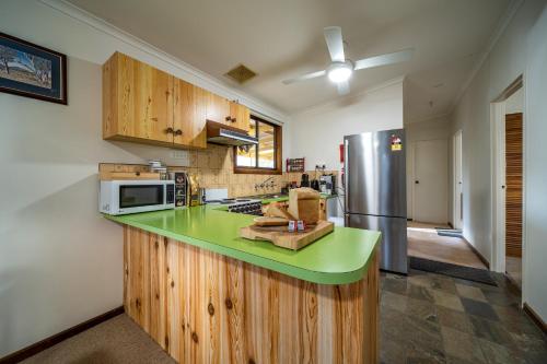 HawkerFlinders Ranges Bed and Breakfast的厨房配有绿色台面和冰箱