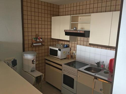 une petite cuisine avec un évier et un micro-ondes dans l'établissement Appartement T3 Vue sur mer, à Saint-Jean-de-Monts