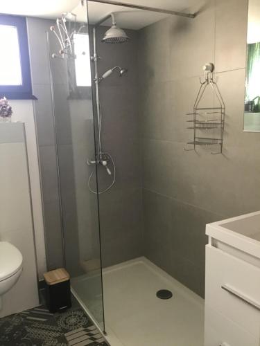 y baño con ducha y puerta de cristal. en Villa des marronniers en Laudun