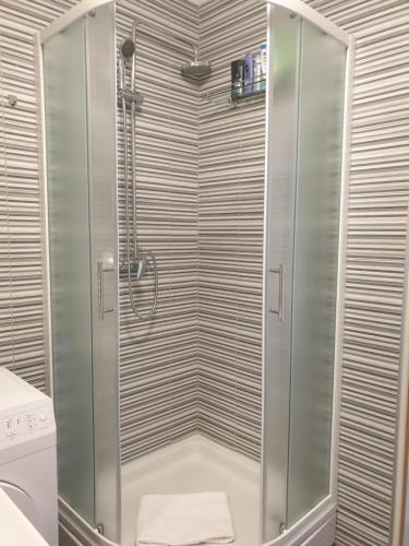 a shower with a glass door in a bathroom at Apartment Dina, Self check in 0-24 in Karlovac