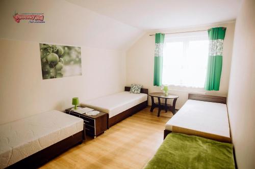 a small room with two beds and a window at Owocowy Raj Nad Zalewem in Modła Królewska