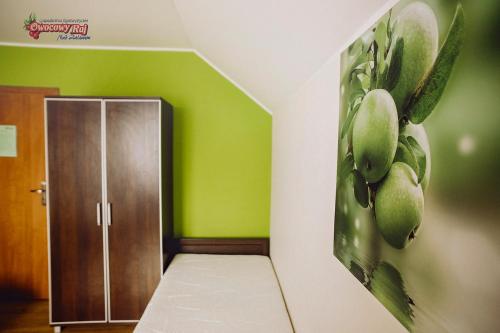 a green room with a door and a painting on the wall at Owocowy Raj Nad Zalewem in Modła Królewska