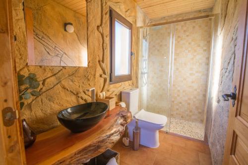 a bathroom with a black sink and a toilet at El BURGO DE OSMA ALOJAMIENTO RURAL VILLA BAGH in El Burgo de Osma