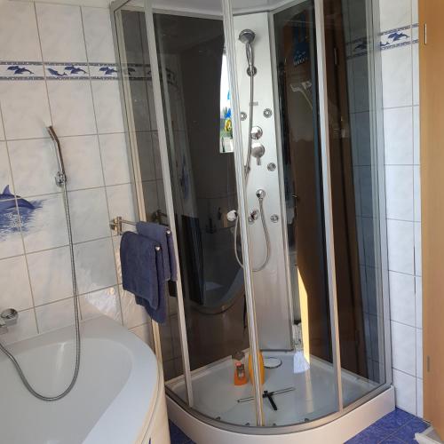 a bathroom with a shower and a toilet and a sink at Susi"s Ferienwohnungen in Wermelskirchen