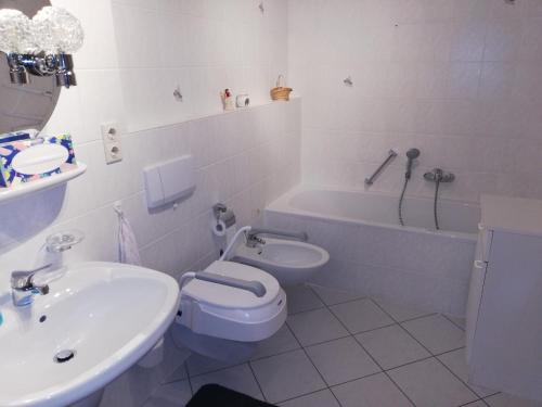 a bathroom with a sink and a toilet and a bath tub at Ferienwohnung Eifelgold Esch in Esch