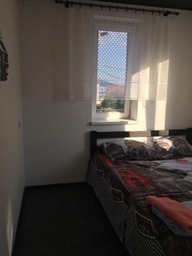 a bedroom with a bed and a window at Villa Bulli in Zatoka