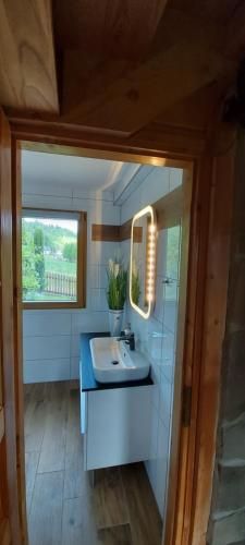 uma casa de banho com um lavatório, um espelho e uma janela em Dom Wakacyjny W Beskidach em Meszna