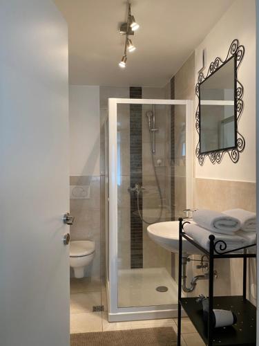 a bathroom with a shower and a sink and a toilet at Apartments Vila Cvetka Bled in Bled