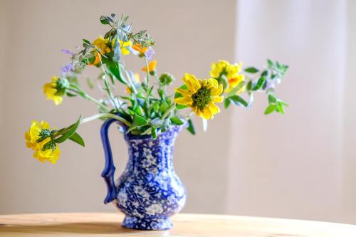 a blue vase filled with yellow flowers on a table at Agriturismo Pieve Sprenna in Buonconvento