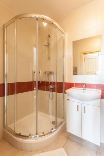 a bathroom with a shower and a sink at Penzion a restaurace U Hájků in Nové Dvory