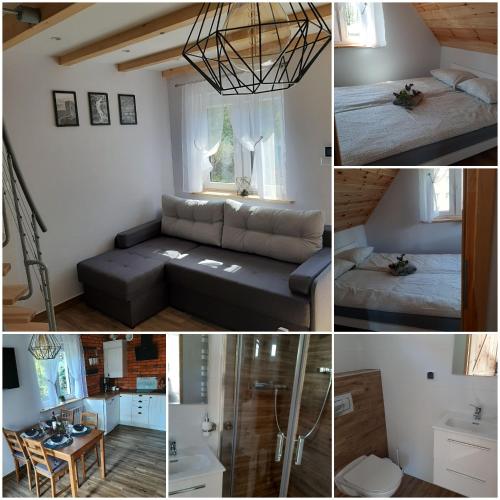 a collage of photos of a living room and a bedroom at Domek Antonówka in Szklarska Poręba
