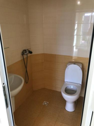 a bathroom with a toilet and a bath tub at Villa Lina in Karolino-Buhaz