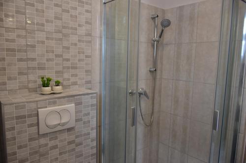 a bathroom with a shower with a glass door at Villa Therme Hévíz in Hévíz