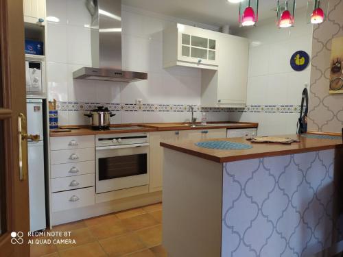 a kitchen with white cabinets and a counter top at El Rinconcito de las Teñas in Ezcaray
