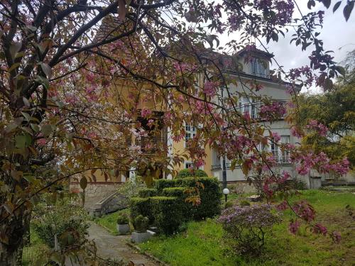 a house with pink flowers in front of it at Willa Marysin in Maków Podhalański