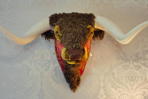 a stuffed animal of a bull with long horns at Elm Grove Country House in Tenby
