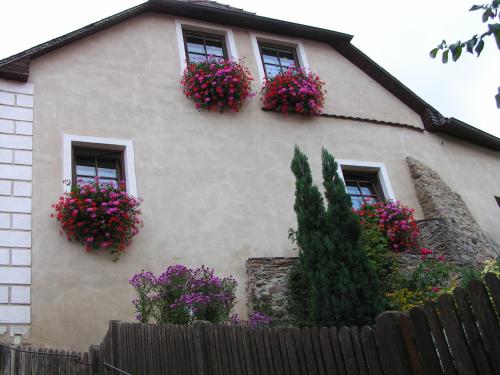 a house with two windows with flowers on it at Apartment Kirchenblick in Weissenkirchen in der Wachau